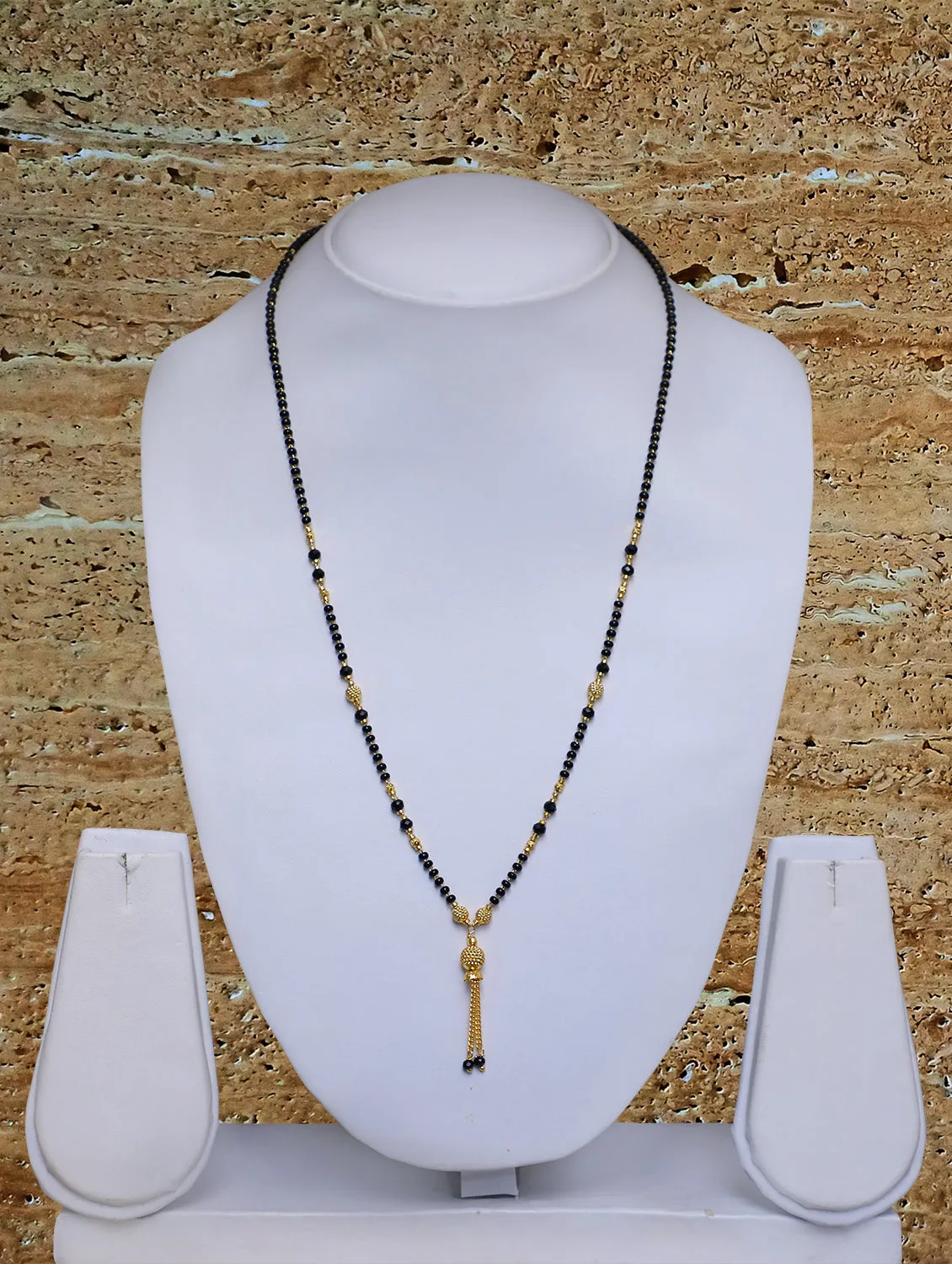 Long Mangalsutra Designs Gold Plated Latest Black Bead Golden Mani Latkan 21 Inches Mangalsutra