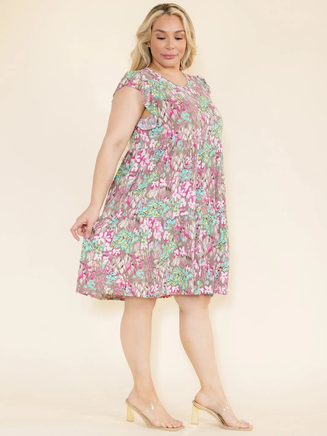 PLUS SIZE RUFFLE SLEEVE FLORAL PRINT TUNIC HIGH-LOW FRONT POCKETS MINI DRESS