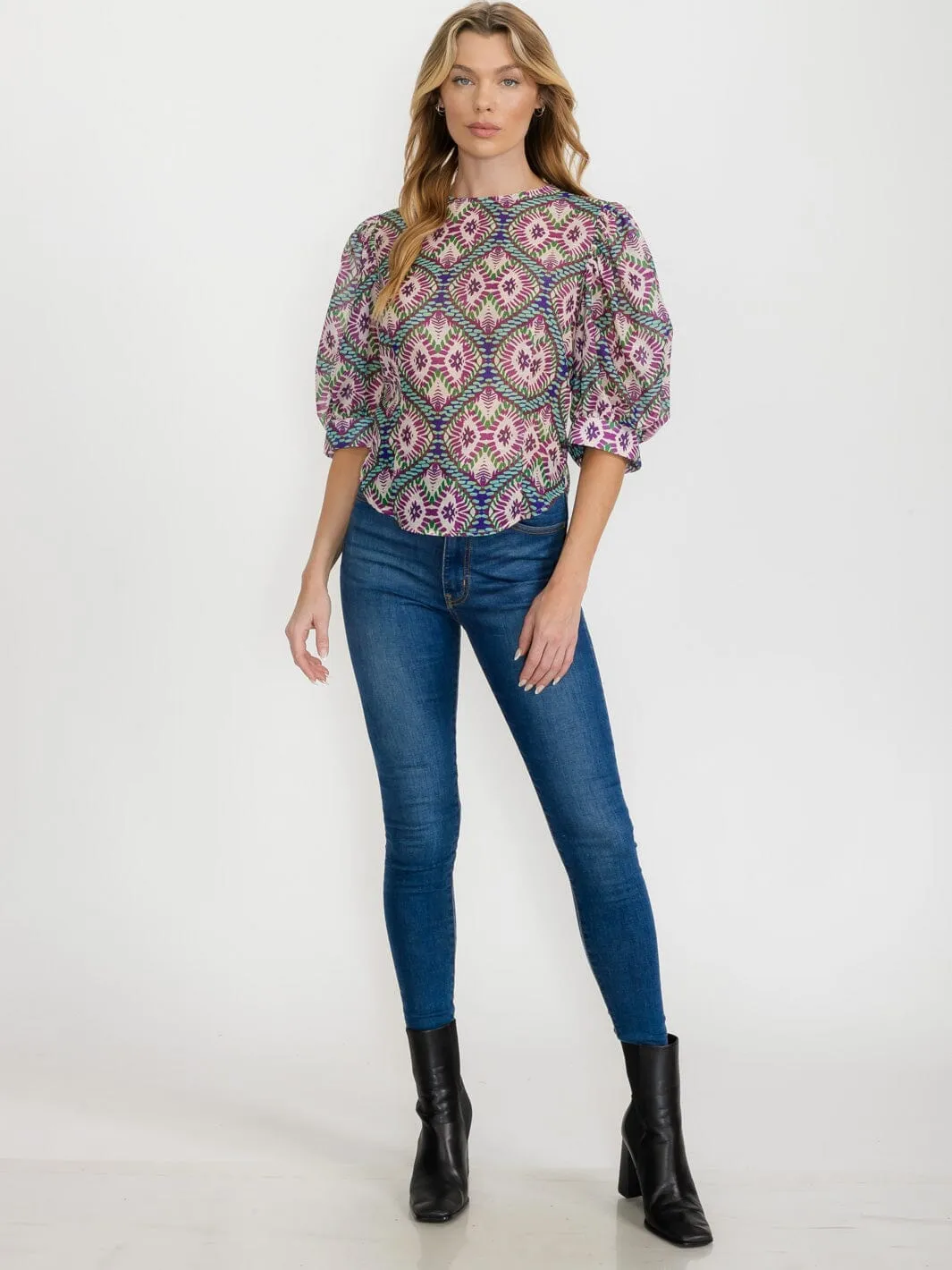 WOMEN'S SHORT PUFF SLEEVE ZIP UP MULTI PRINT BLOUSE